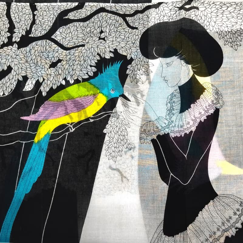 Kimiko Kojima Vintage Handkerchief Beautiful Woman and Birds 18.5 x 18.5 inches