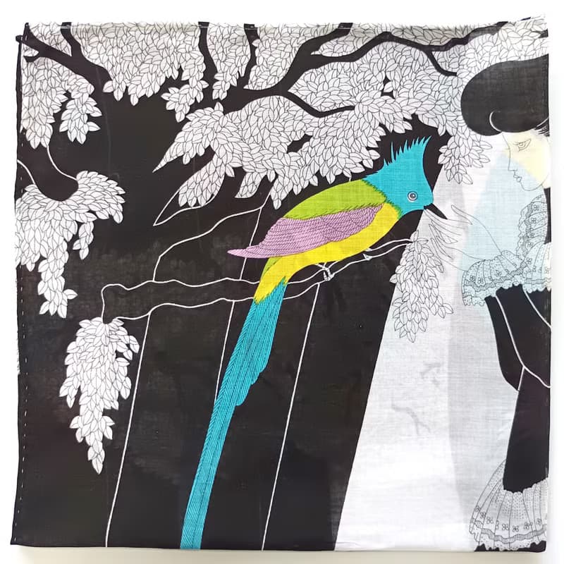 Kimiko Kojima Vintage Handkerchief Beautiful Woman and Birds 18.5 x 18.5 inches