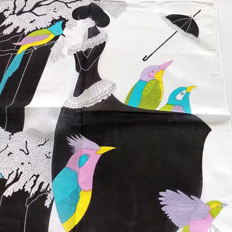 Kimiko Kojima Vintage Handkerchief Beautiful Woman and Birds 18.5 x 18.5 inches