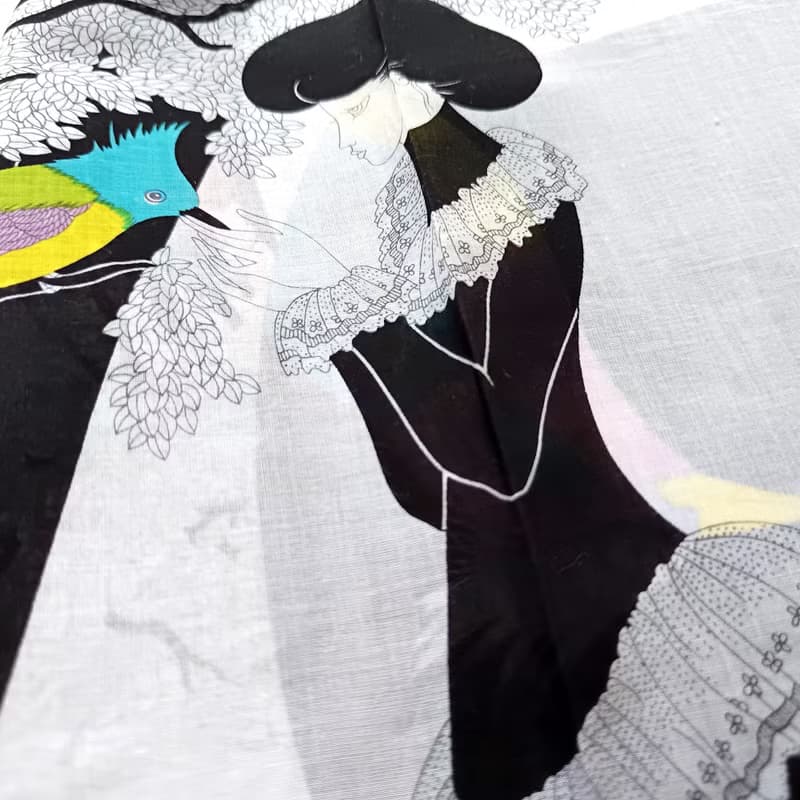Kimiko Kojima Vintage Handkerchief Beautiful Woman and Birds 18.5 x 18.5 inches