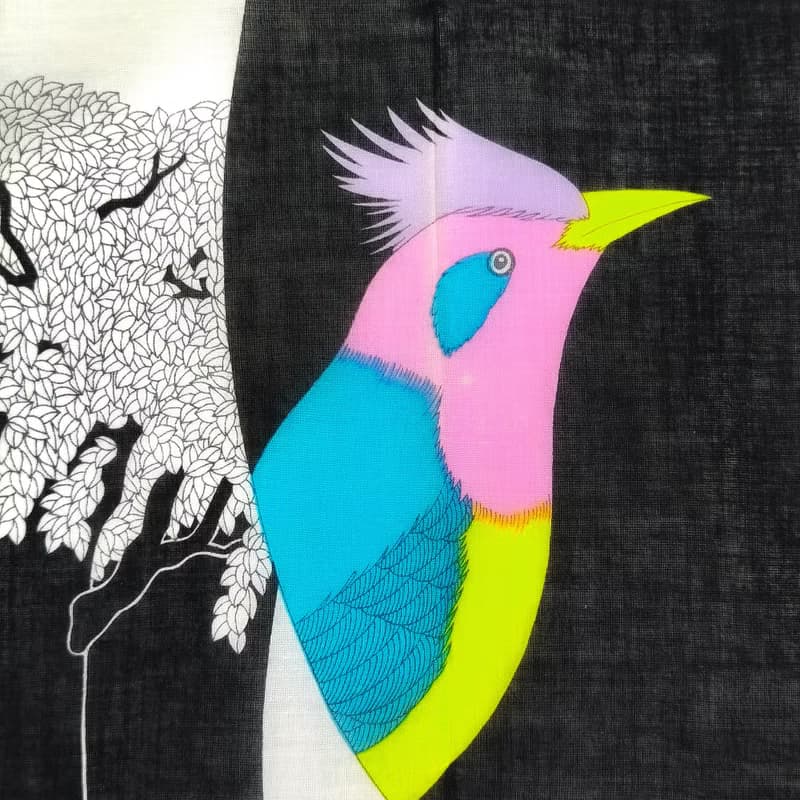 Kimiko Kojima Vintage Handkerchief Beautiful Woman and Birds 18.5 x 18.5 inches