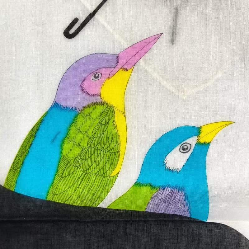 Kimiko Kojima Vintage Handkerchief Beautiful Woman and Birds 18.5 x 18.5 inches