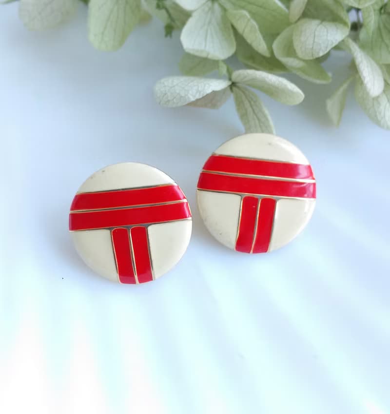 Vintage Jewelry 西洋古董飾品 復古 簡約 紅白琺瑯  針式耳環