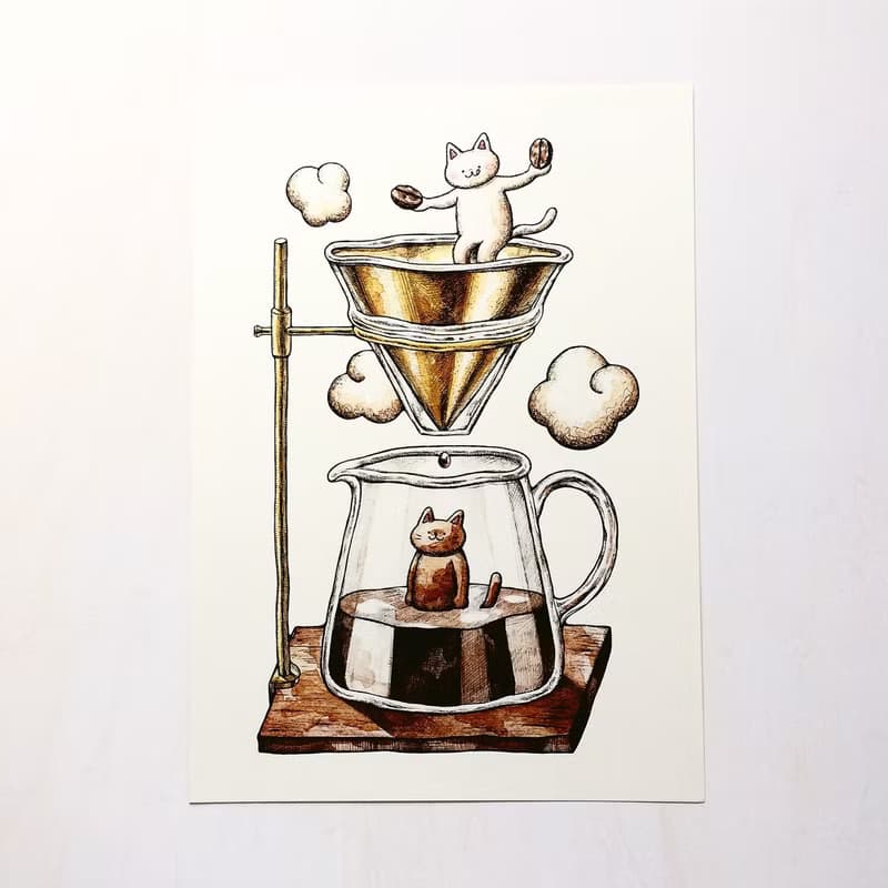 A4 猫とコーヒー アートプリント/イラスト複製画