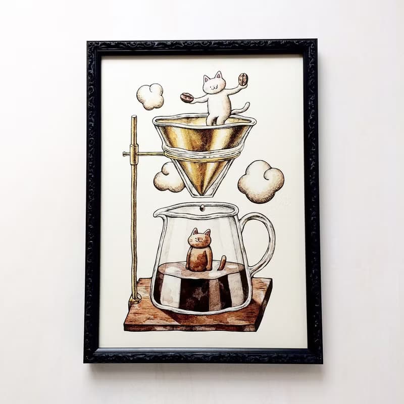 A4 猫とコーヒー アートプリント/イラスト複製画