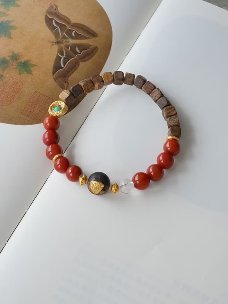 原創手工奇楠沉香南紅手串S925銀鍍金多寶能量手鏈好運生日禮物