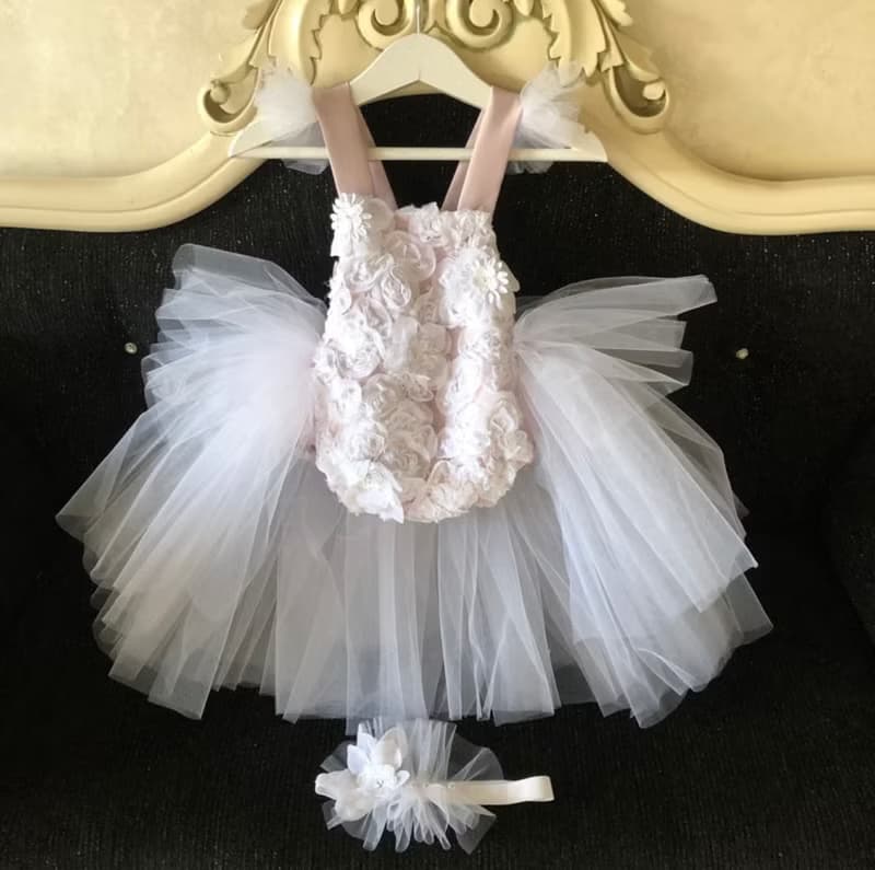 Blush pink and white romper with 3d flowers, headband and shoes for baby girl. i
