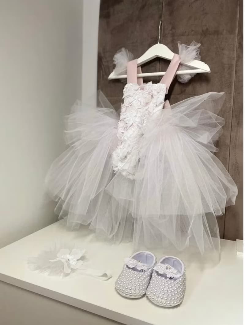 Blush pink and white romper with 3d flowers, headband and shoes for baby girl. i