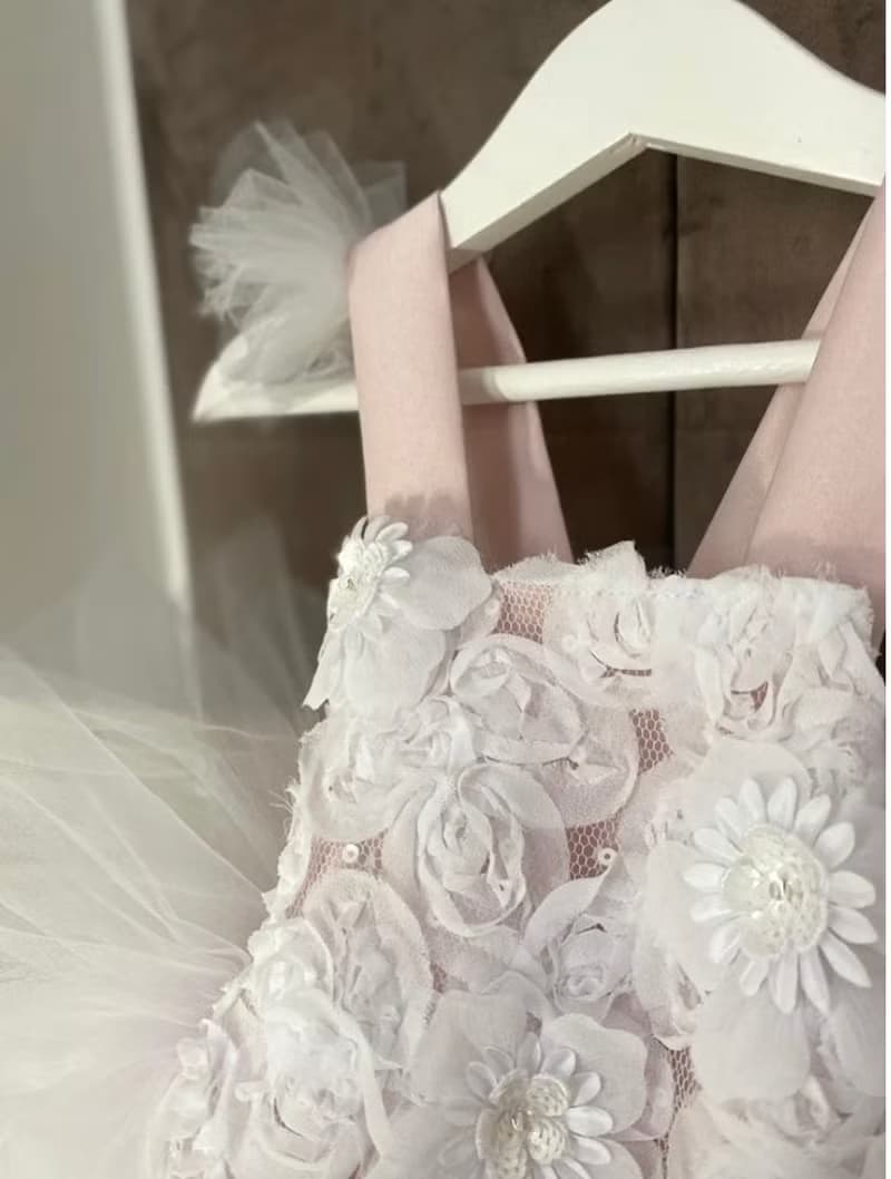 Blush pink and white romper with 3d flowers, headband and shoes for baby girl. i
