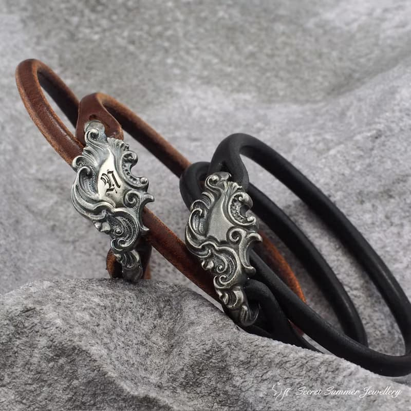 手工925純銀手環【Guardian Vine 鎖韻卷草】義大利牛皮男款手環