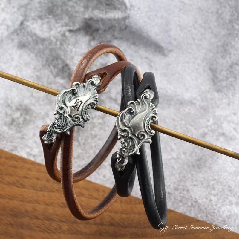 手工925純銀手環【Guardian Vine 鎖韻卷草】義大利牛皮男款手環