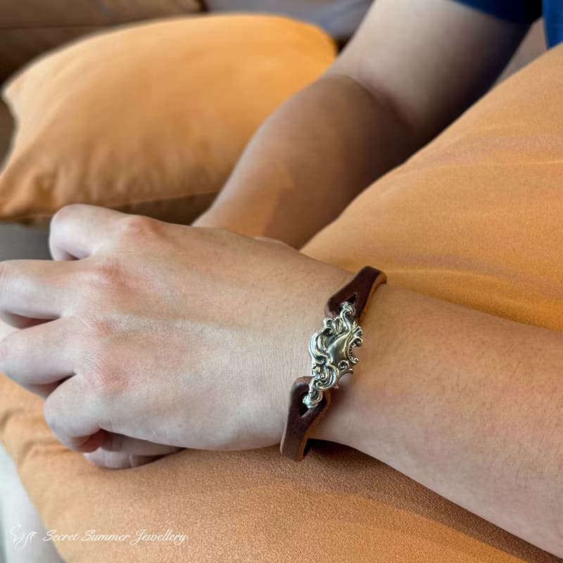 手工925純銀手環【Guardian Vine 鎖韻卷草】義大利牛皮男款手環