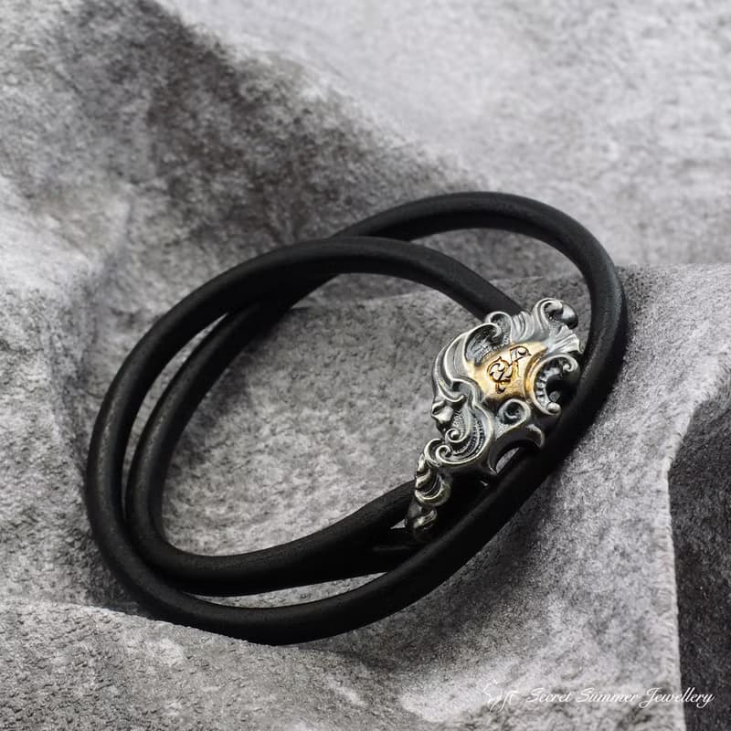 手工925純銀手環【Guardian Vine 鎖韻卷草】義大利牛皮男款手環