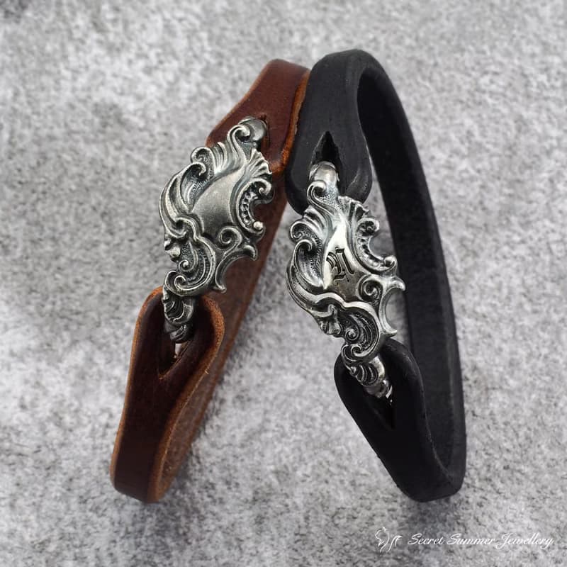 手工925純銀手環【Guardian Vine 鎖韻卷草】義大利牛皮男款手環