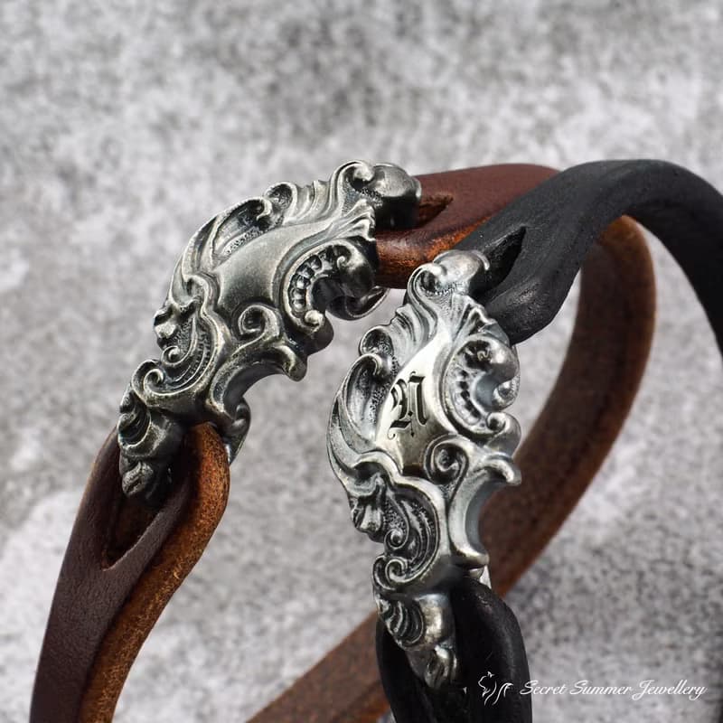 手工925純銀手環【Guardian Vine 鎖韻卷草】義大利牛皮男款手環