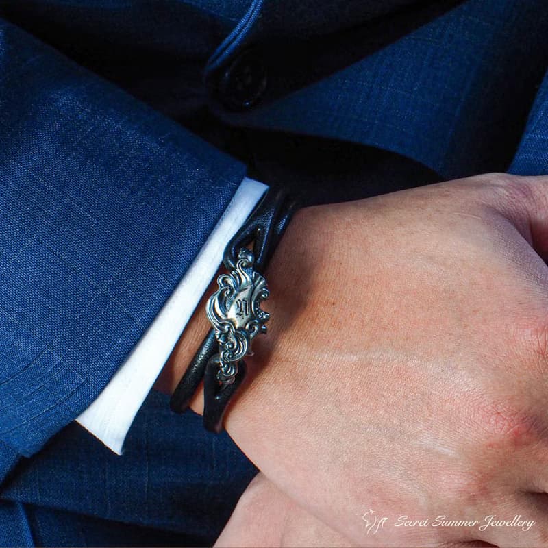 手工925純銀手環【Guardian Vine 鎖韻卷草】義大利牛皮男款手環