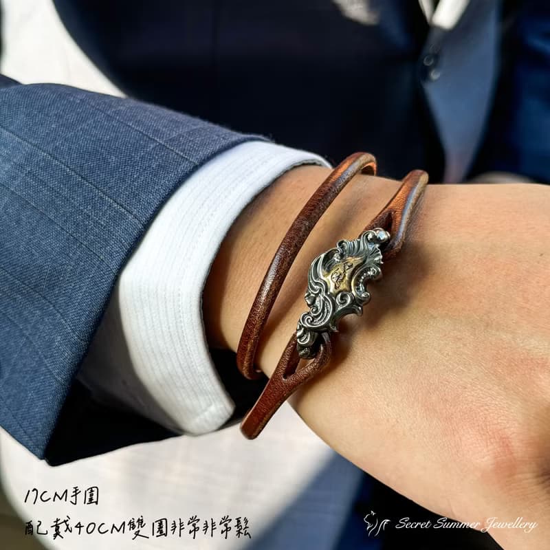 手工925純銀手環【Guardian Vine 鎖韻卷草】義大利牛皮男款手環