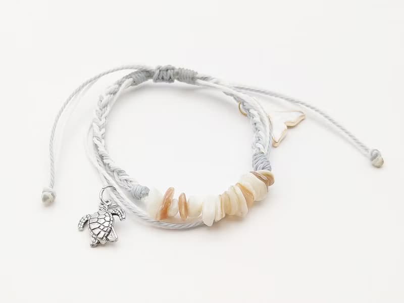 波希米亞 手工編織手環 鯨魚尾+海龜 天然白貝殼防水手鍊