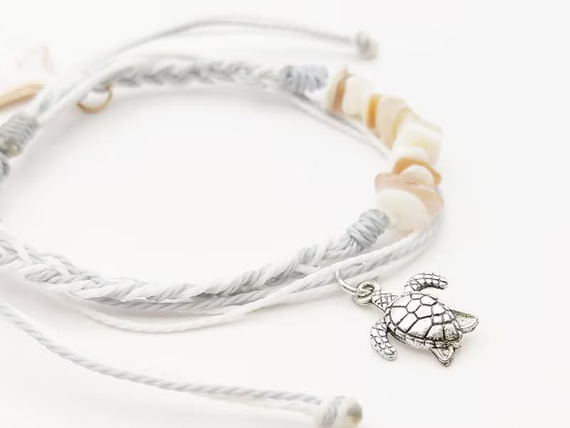 波希米亞 手工編織手環 鯨魚尾+海龜 天然白貝殼防水手鍊