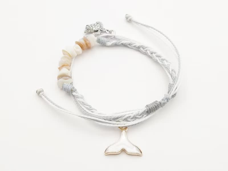 波希米亞 手工編織手環 鯨魚尾+海龜 天然白貝殼防水手鍊