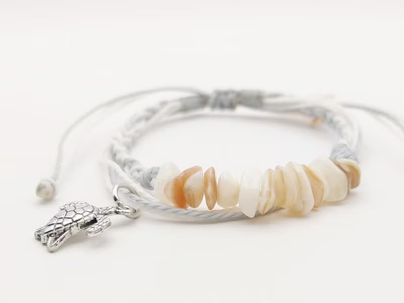 波希米亞 手工編織手環 鯨魚尾+海龜 天然白貝殼防水手鍊