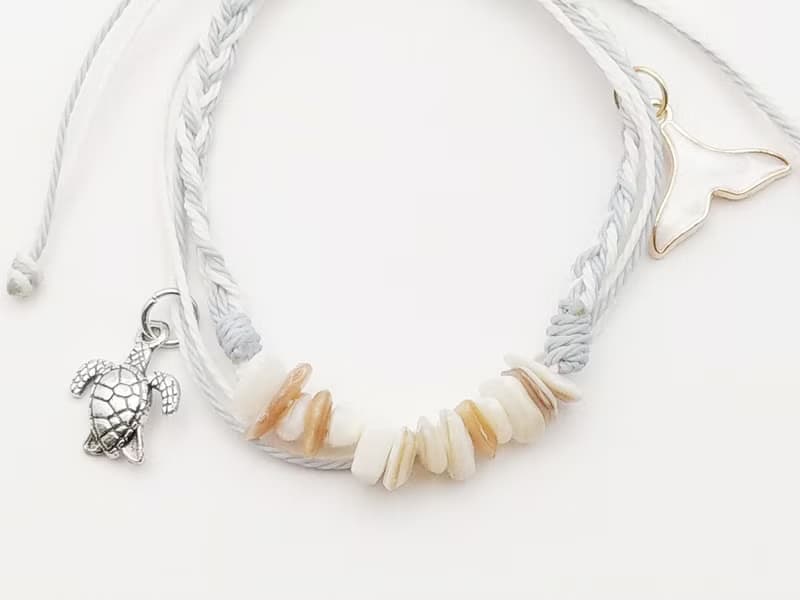 波希米亞 手工編織手環 鯨魚尾+海龜 天然白貝殼防水手鍊