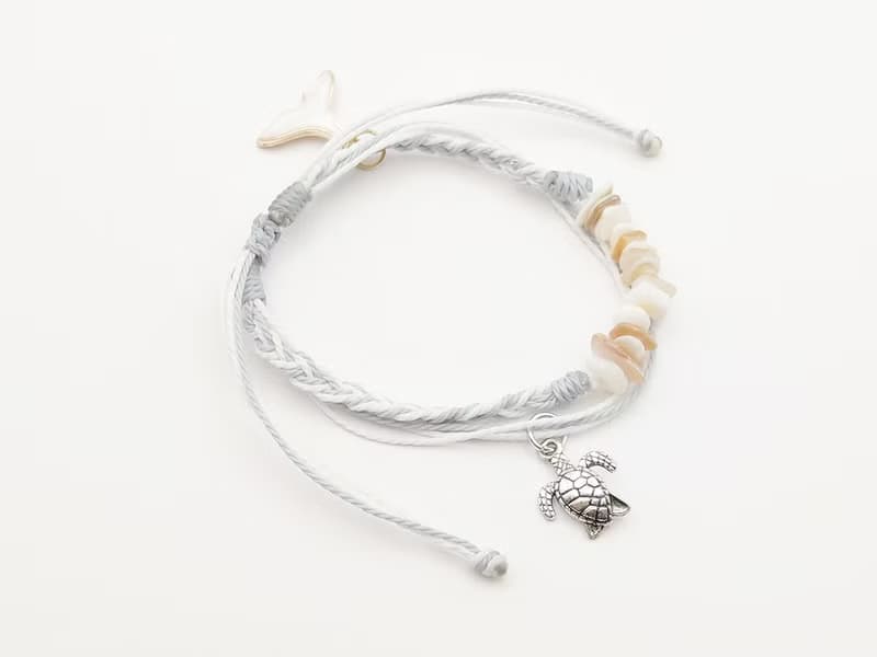 波希米亞 手工編織手環 鯨魚尾+海龜 天然白貝殼防水手鍊