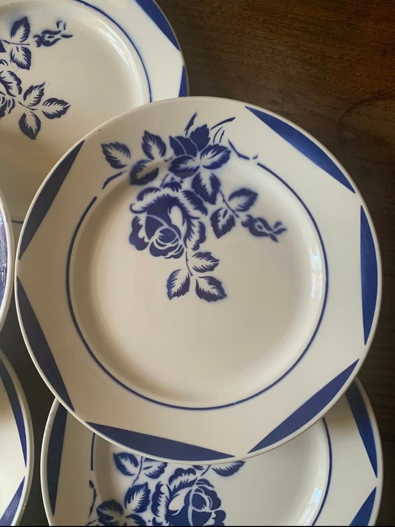 法國復古antique藍色玫瑰花紋圖案陶瓷圓盤餐具