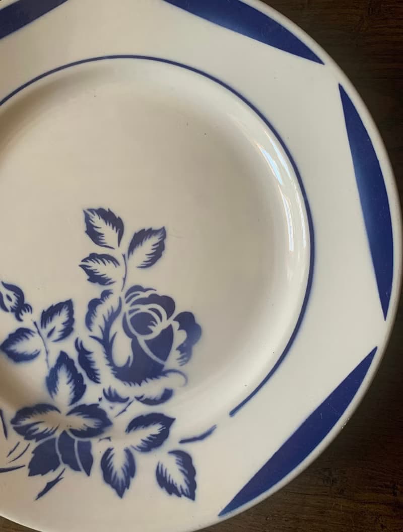 法國復古antique藍色玫瑰花紋圖案陶瓷圓盤餐具