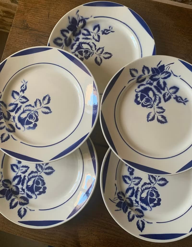 法國復古antique藍色玫瑰花紋圖案陶瓷圓盤餐具