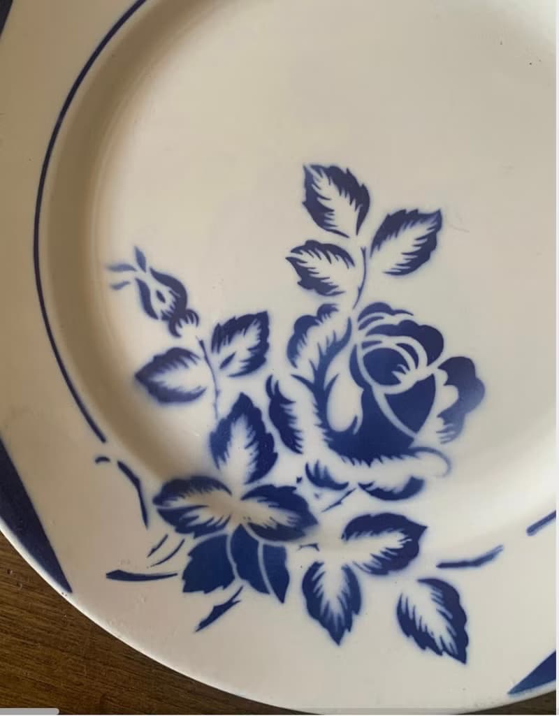 法國復古antique藍色玫瑰花紋圖案陶瓷圓盤餐具