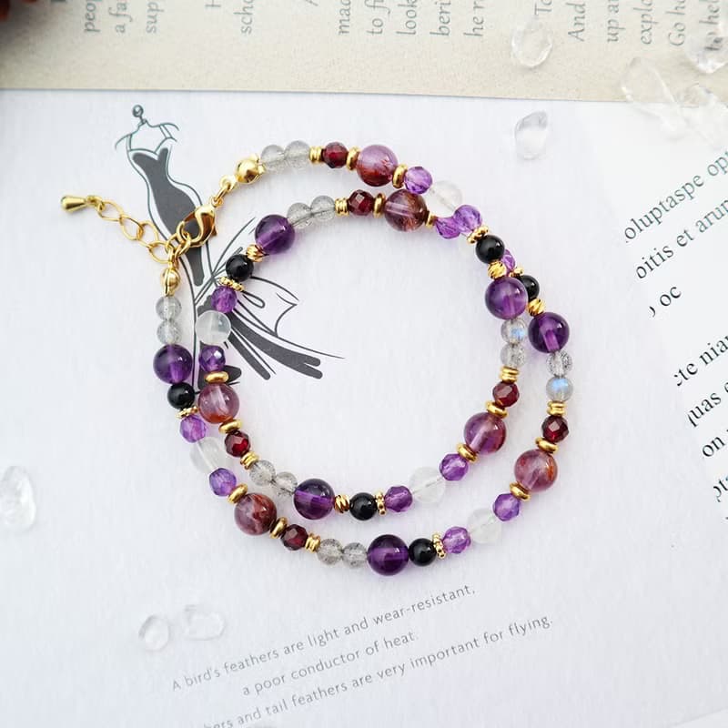 創傷療癒/智慧理性/擁有貴人緣│紫水晶-紫幽靈-拉長石│黃銅手鍊