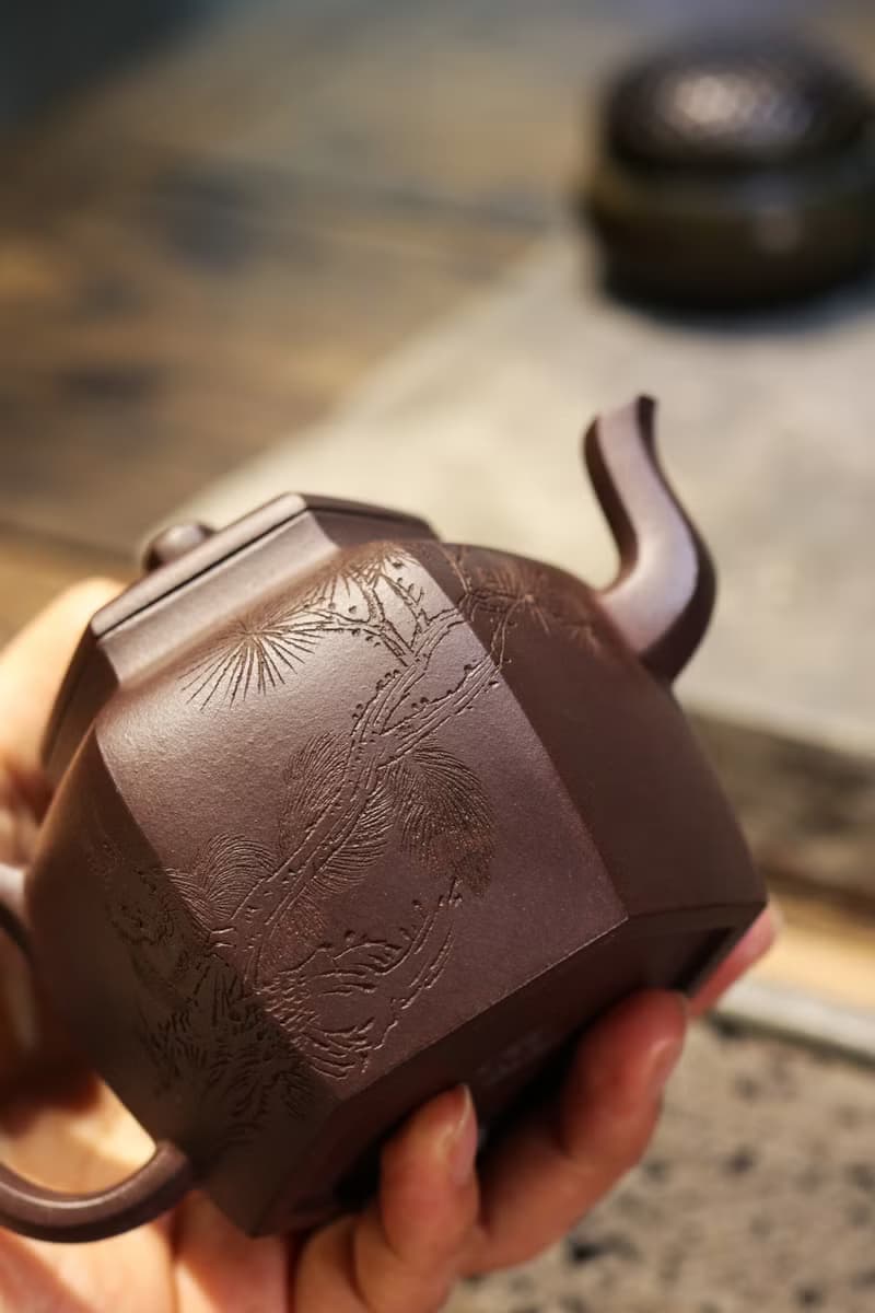 送禮紫砂壺茶壺六方宫灯 全手工  紫泥 200ml 7孔 刘素素作品  泥