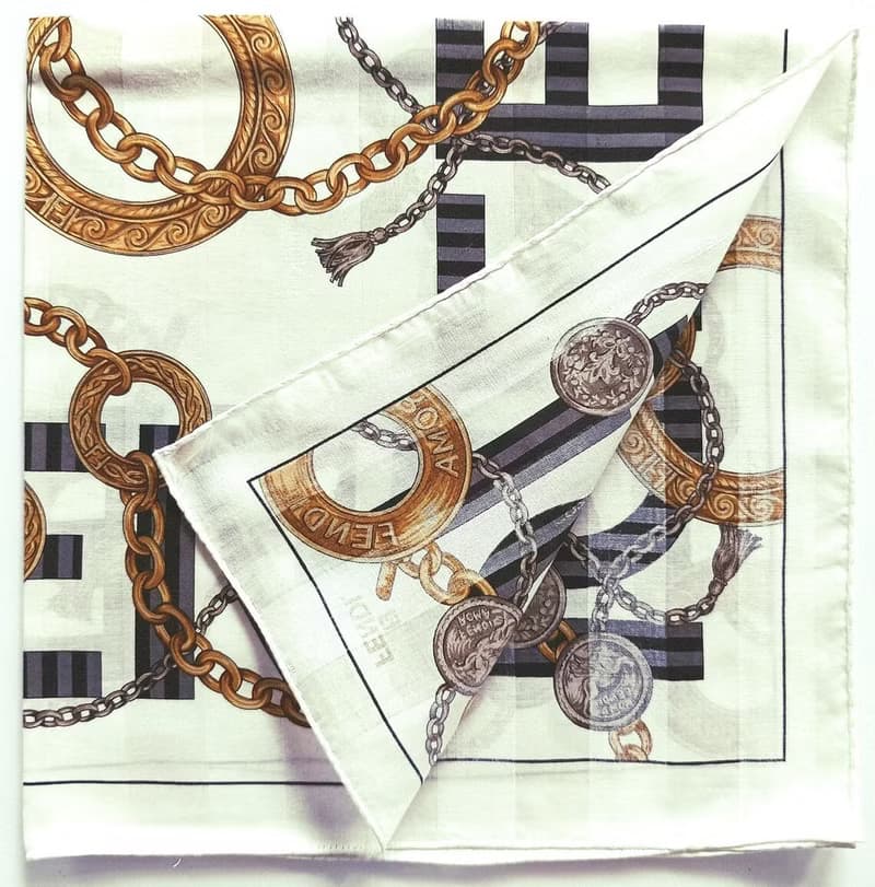 Fendi Vintage Scarf Jewelry Gold Charm Logo 23 x 23 Inches
