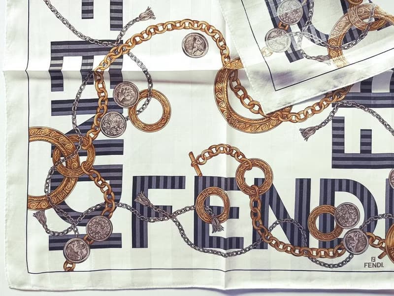 Fendi Vintage Scarf Jewelry Gold Charm Logo 23 x 23 Inches
