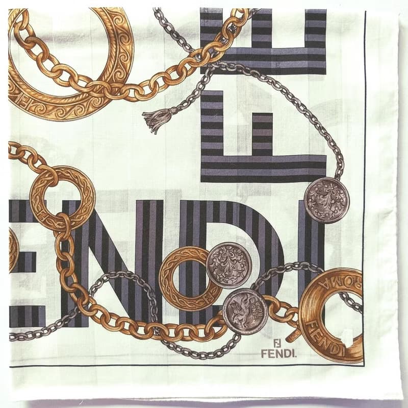Fendi Vintage Scarf Jewelry Gold Charm Logo 23 x 23 Inches