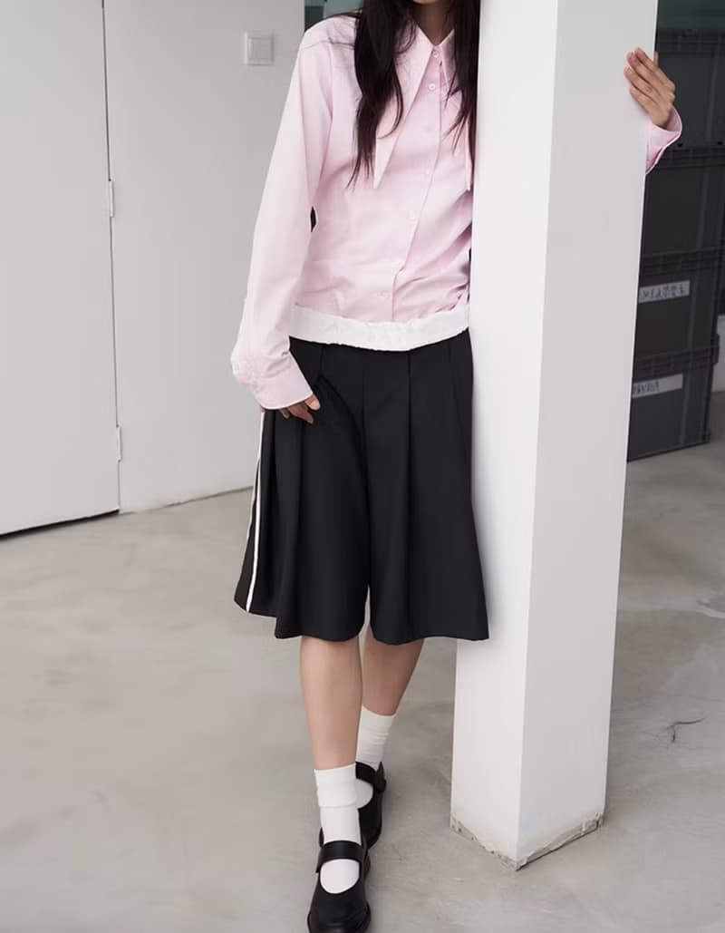 日系復古 側開扣拼接撞色裙褲
