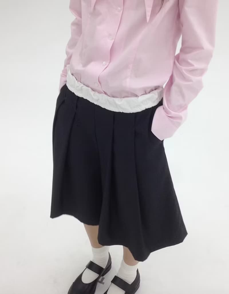 日系復古 側開扣拼接撞色裙褲