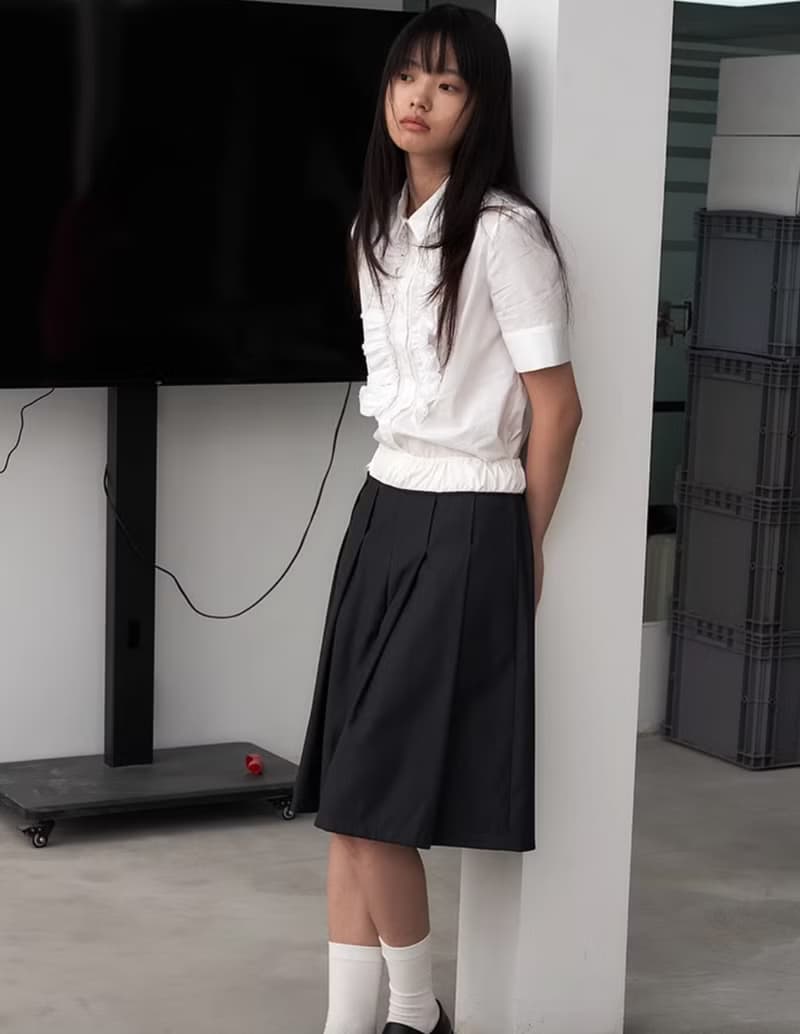 日系復古 側開扣拼接撞色裙褲