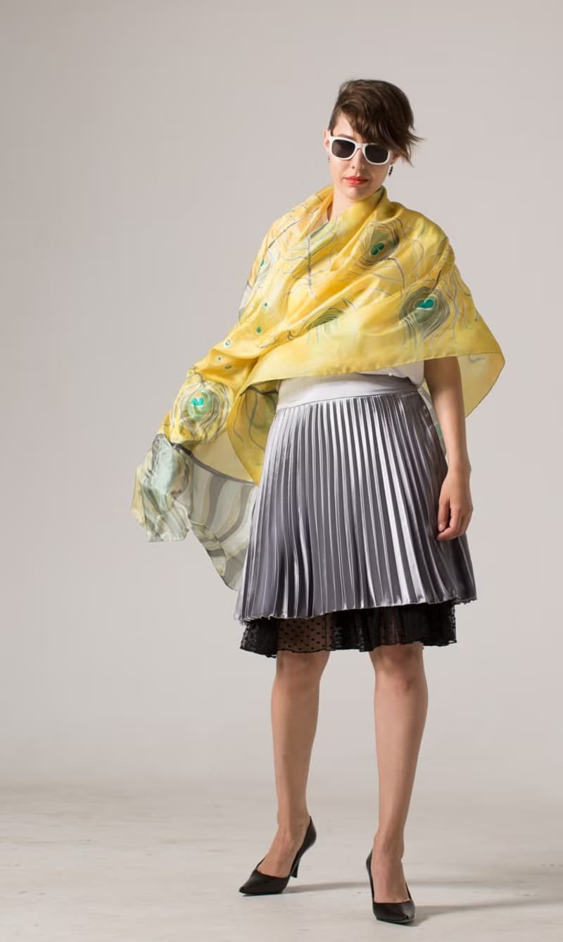Hand Painted silk shawl- Yellow Peacock. Feathers scarf in Yellow and Grey.