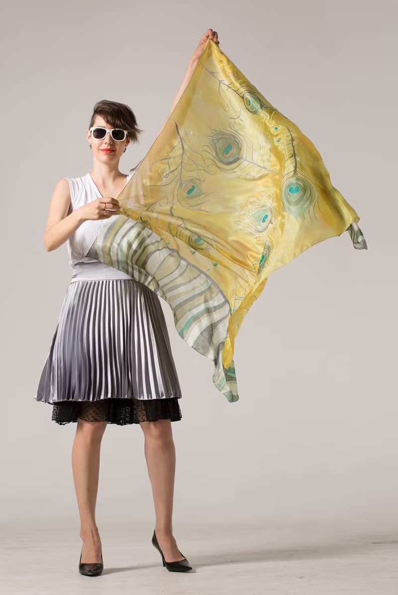 Hand Painted silk shawl- Yellow Peacock. Feathers scarf in Yellow and Grey.