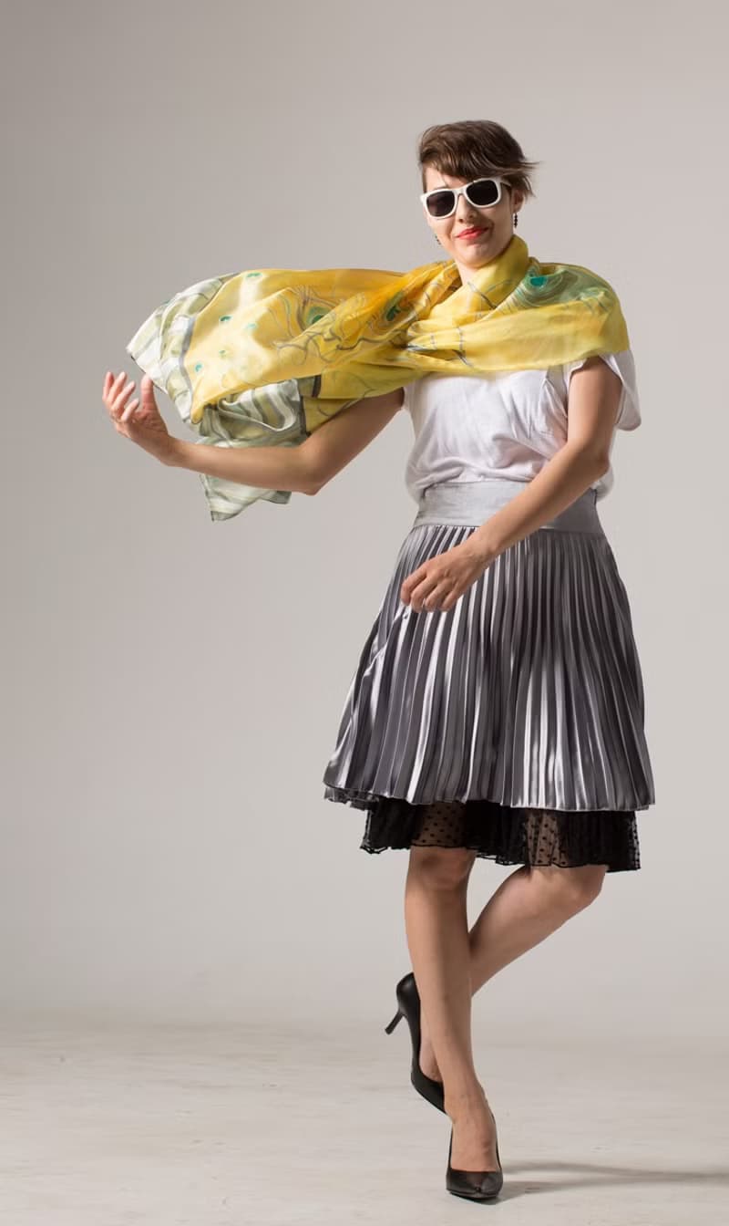 Hand Painted silk shawl- Yellow Peacock. Feathers scarf in Yellow and Grey.