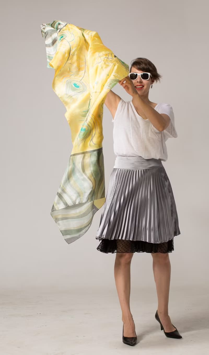 Hand Painted silk shawl- Yellow Peacock. Feathers scarf in Yellow and Grey.