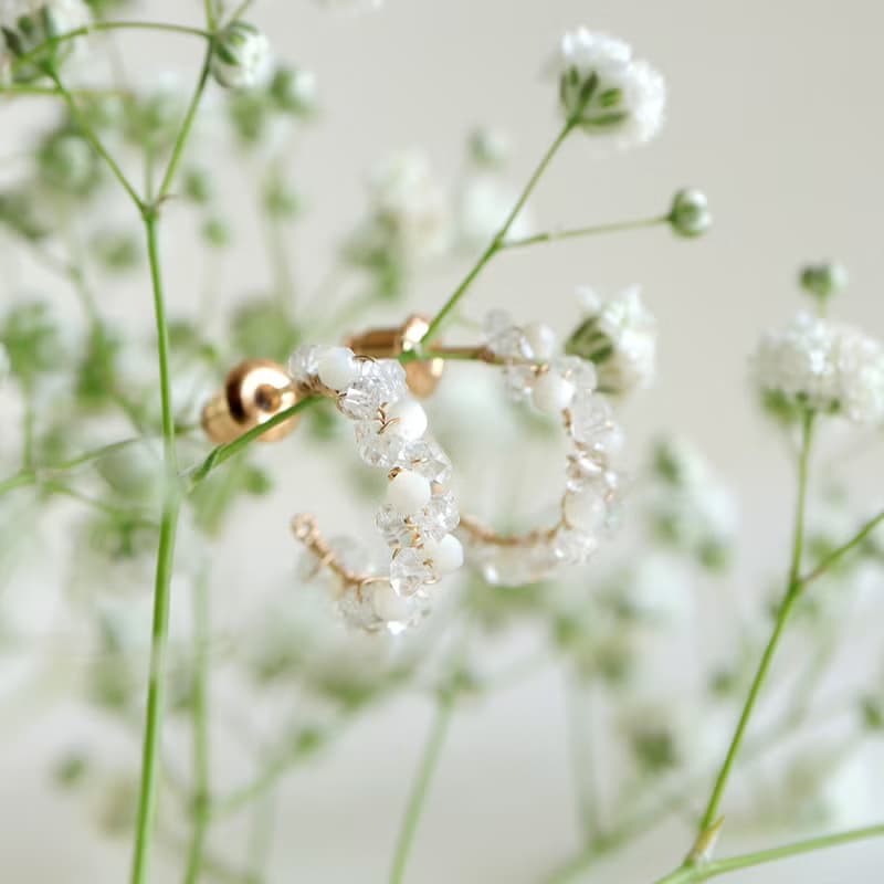 14KGF 赫基蒙水晶×白貝 天然石耳環 圈圈耳釘耳夾耳骨夾