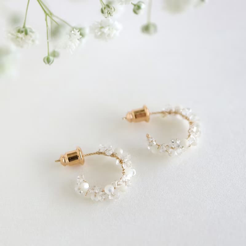 14KGF 赫基蒙水晶×白貝 天然石耳環 圈圈耳釘耳夾耳骨夾
