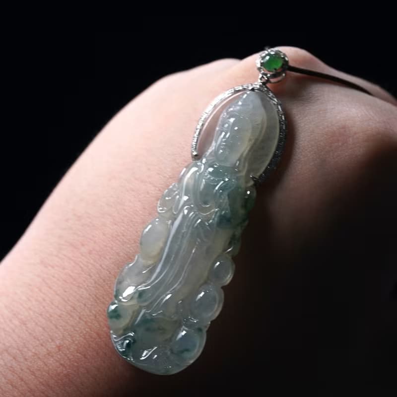 冰種飄花翡翠觀音菩薩項鍊 18K金鑽石 | 天然緬甸玉翡翠A貨 |送禮