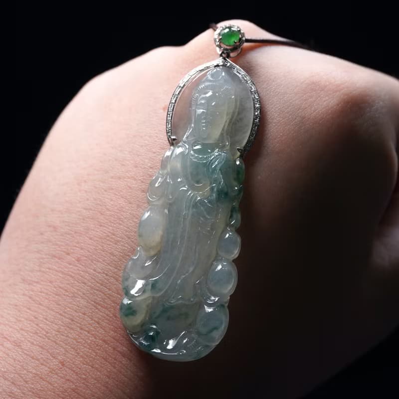 冰種飄花翡翠觀音菩薩項鍊 18K金鑽石 | 天然緬甸玉翡翠A貨 |送禮