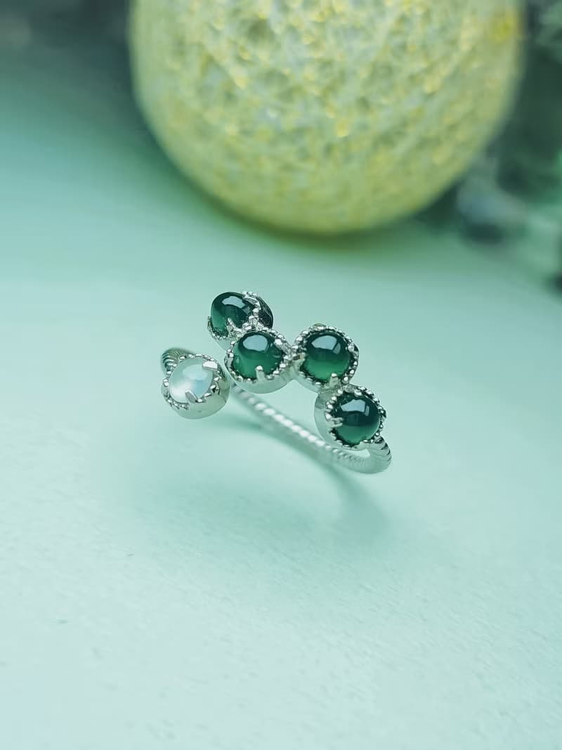 財水|藍水|緬甸A貨翡翠冰玻藍水純銀鍍18k多顆上開口戒指