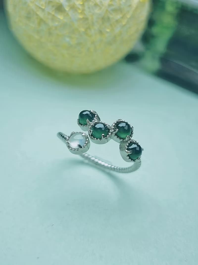 財水|藍水|緬甸A貨翡翠冰玻藍水純銀鍍18k多顆上開口戒指