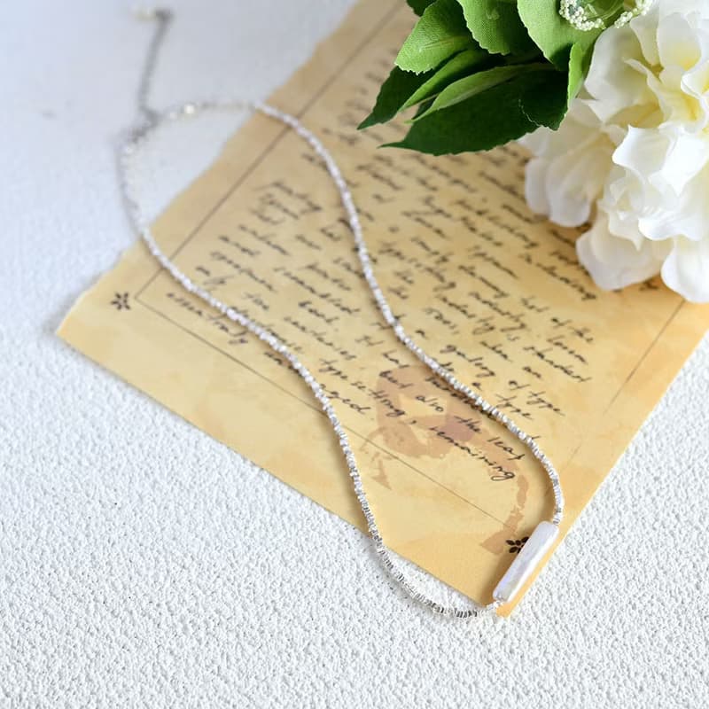 オリジナル スティックパールとカレンシルバーのネックレス　アジャスター付き　6月誕生石